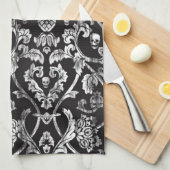 Linge De Cuisine Damassé de crâne en noir et blanc. (Quart Plié)