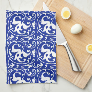 Linge De Cuisine Damassé florale d'Ikat - bleu et blanc de cobalt