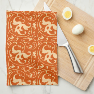 Linge De Cuisine Damassé florale d'Ikat - mandarine