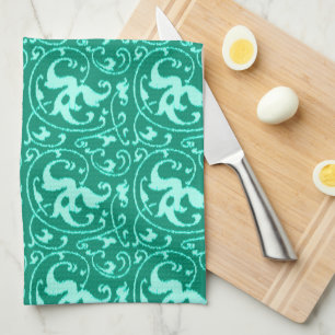 Linge De Cuisine Damassé florale d'Ikat - turquoise et Aqua