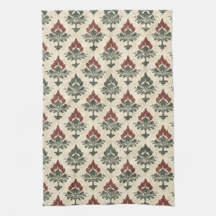 Linge De Cuisine Damassé Vintage Texturé Rouge Vert Beige