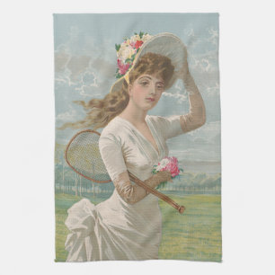 Linge De Cuisine Dame de tennis victorienne avec chapeau à fleurs A