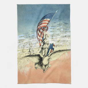 Linge De Cuisine Dame patriotique vintage, aigle avec drapeau améri