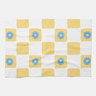 Linge De Cuisine Damier Jaune Blanc Avec Motif De Fleur Bleue