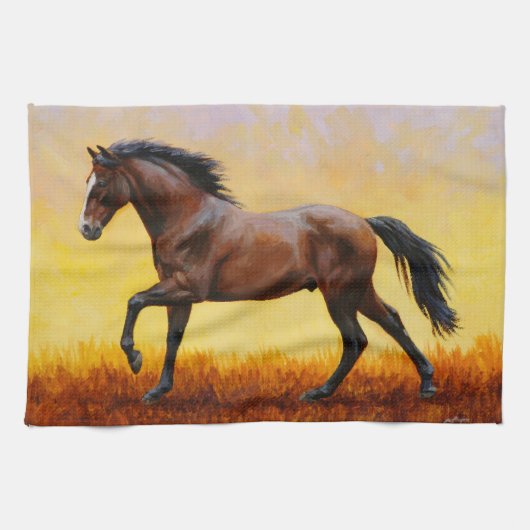 Linge De Cuisine Dark Bay Stallion Horse Galloping (Horizontal)