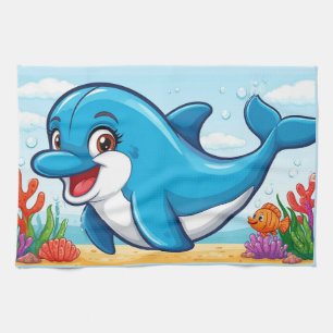 Linge De Cuisine Dauphin de dessin animé souriant nageant 