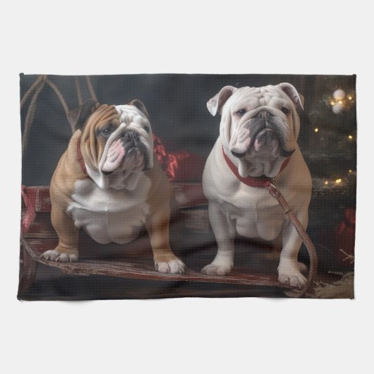 Linge De Cuisine Décor de Noël Bulldog Snowy Sleigh (Horizontal)