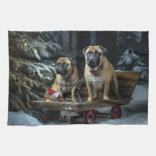 Linge De Cuisine Décor de Noël Bullmastiff Snowy Sleigh