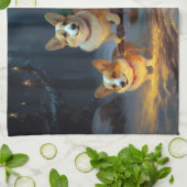 Linge De Cuisine Décor de Noël Corgi Snowy Sleigh (Plié)