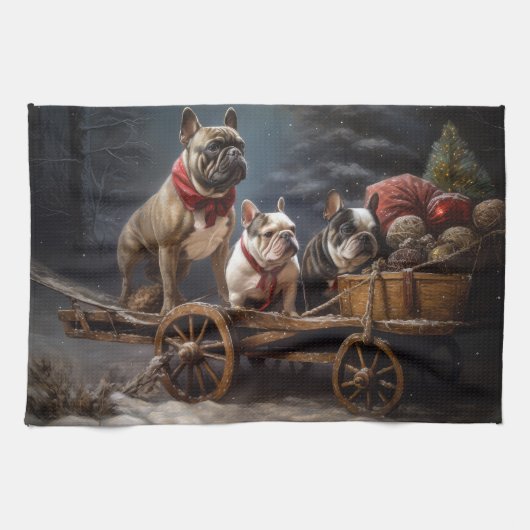 Linge De Cuisine Décor de Noël de Bulldog Snowy Sleigh (Horizontal)