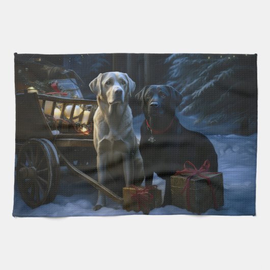Linge De Cuisine Décor de Noël de Labrador Snowy Sleigh (Horizontal)