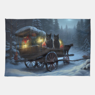 Linge De Cuisine Décor de Noël Traîneau enneigé Chat Noir  