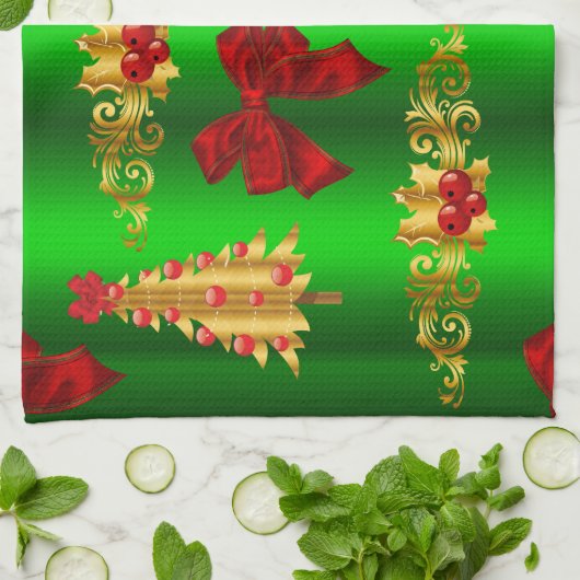 Linge De Cuisine Décorations De Noël Sur Vert (Plié)