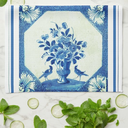 Linge De Cuisine Delft Blue Birds floral France Pays Élégance  (Plié)