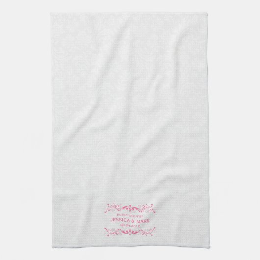 Linge De Cuisine Dentelle rose Florale mariage Sur Damas Blanches (Vertical)