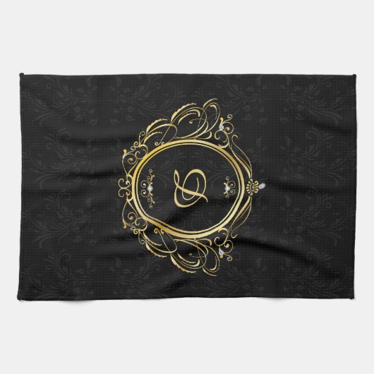 Linge De Cuisine Design damassé noir monogramme or classique (Horizontal)
