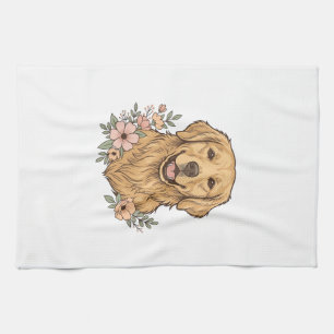 Linge De Cuisine Design de gravure vintage floral Golden Retriever_