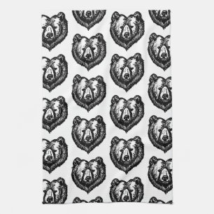 Linge De Cuisine Dessin à l'encre du visage d'ours noir et blanc