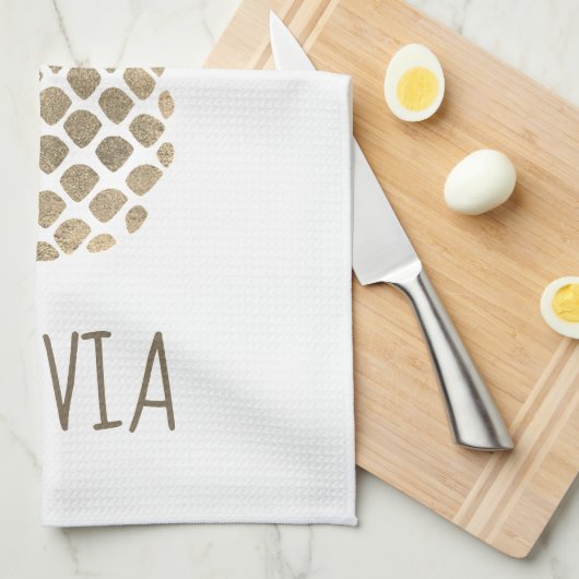 Linge De Cuisine dessin d'ananas à feuille d'or faux (Quart Plié)