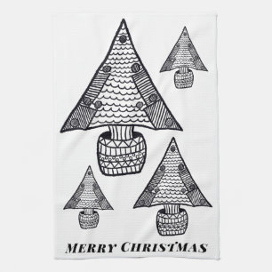 Linge De Cuisine Dessin d'arbre de Noël noir et blanc