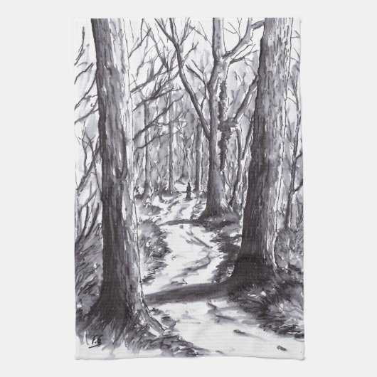 Linge De Cuisine dessin de paysage d'encre de chemin forestier (Vertical)