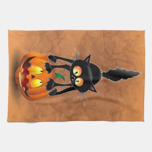 Linge De Cuisine Dessin d'Halloween au chat effrayé sur Citrouille (Horizontal)