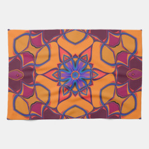 Linge De Cuisine Dessin Mandala Fleur orange violet et bleu