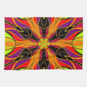 Linge De Cuisine Dessin Mandala Fleur orange violet et rouge
