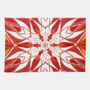Linge De Cuisine Dessin Mandala Fleur rouge orange et blanc