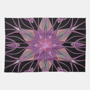 Linge De Cuisine Dessin Mandala Flower noir violet et rose