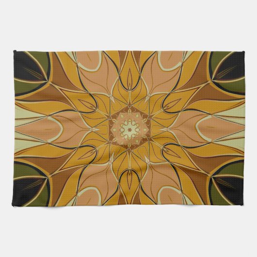Linge De Cuisine Dessin Mandala Flower orange et vert (Horizontal)