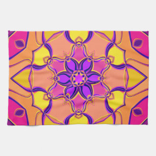 Linge De Cuisine Dessin Mandala Flower rose violet et orange