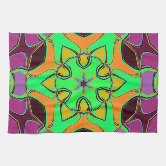 Linge De Cuisine Dessin Mandala Flower vert orange et violet (Horizontal)
