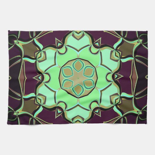 Linge De Cuisine Dessin Mandala Flower vert violet et noir (Horizontal)
