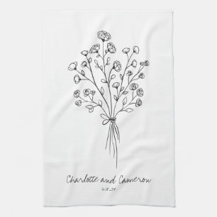 Linge De Cuisine Dessin personnalisé Boho Flower Line Art Mariage 