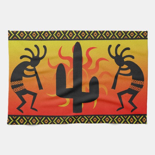 Linge De Cuisine Dessin tribal du cactus de Southwest Kokopelli (Horizontal)