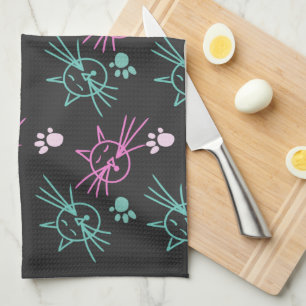Linge De Cuisine Dessins Mignons de Chat Rose Sarcelle Animal Noir