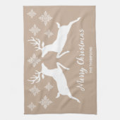 Linge De Cuisine Deux Cerfs Blancs Sur Beige Avec Flacons De Neige (Vertical)