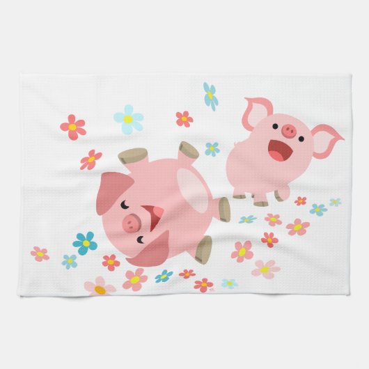 Linge De Cuisine Deux mignons cochons de caricature dans la serviet (Horizontal)