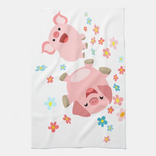 Linge De Cuisine Deux mignons cochons de caricature dans la serviet (Vertical)