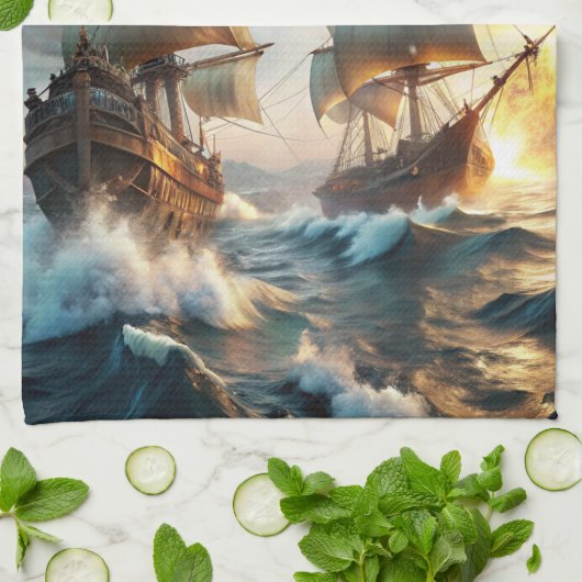 Linge De Cuisine Deux navires en mer (Plié)