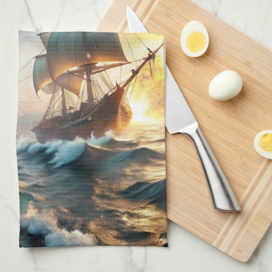 Linge De Cuisine Deux navires en mer (Quart Plié)