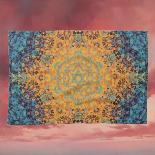 Linge De Cuisine Digital Mandala jaune bleu et rouge