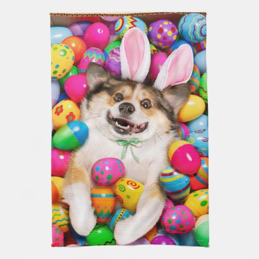 Linge De Cuisine Dog Laying on Easter Eggs (Vertical)