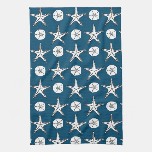 Linge De Cuisine Dollar De Sable De Starfish Croquis Motif Sur Bleu (Vertical)