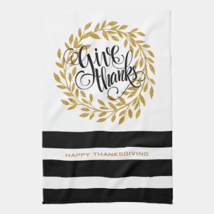 Linge De Cuisine Donnez Merci Texte Moderne Gold Wreath & Stripes