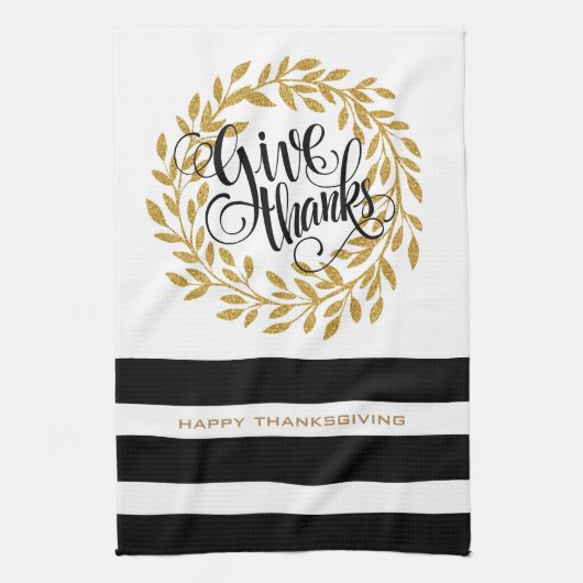 Linge De Cuisine Donnez Merci Texte Moderne Gold Wreath & Stripes (Vertical)