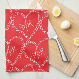 Linge De Cuisine Doodles Black Hearts Saint-Valentin Rouge