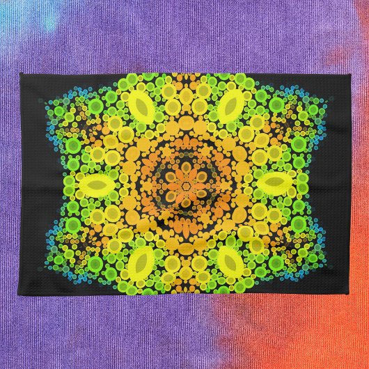 Linge De Cuisine Dot Mandala Fleur orange jaune vert et bleu