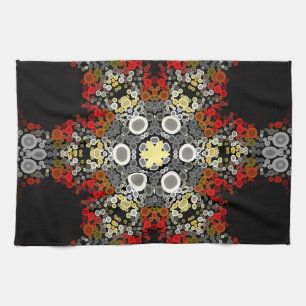 Linge De Cuisine Dot Mandala Fleur rouge jaune et gris